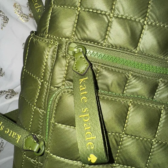 Kate Spade New York Quilted Green Nylon Puffer Mini/Medium Zip Backpack - Picture 11 of 15